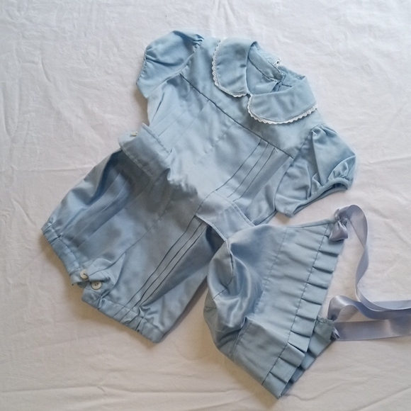 Baby Summer Romper, White Cotton Pique Blue Ribbons main image 1